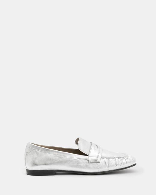 AllSaints White Sapphire Metallic Leather Loafer Shoes