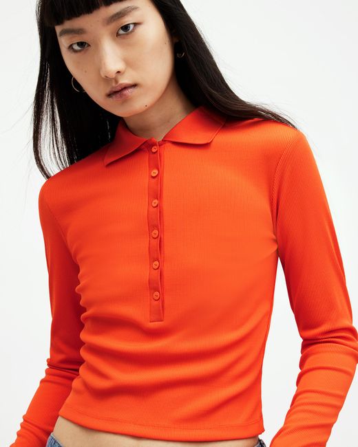 AllSaints Orange Hallie Long Sleeve Ribbed Polo Shirt