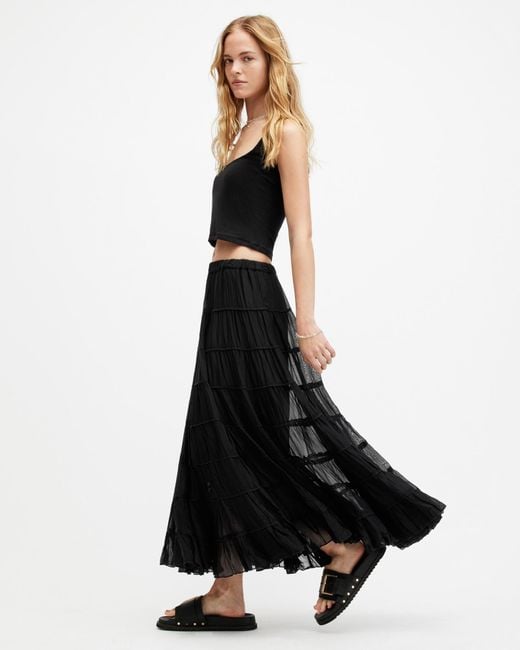 AllSaints Black Eva Elasticated Waist Tiered Maxi Skirt,