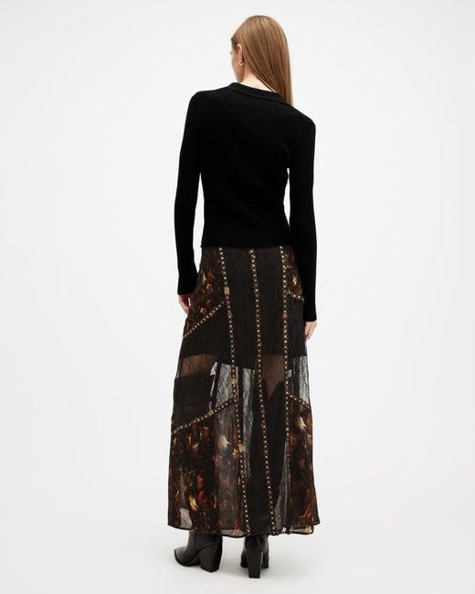 AllSaints Black Bryn Embellished Panelled Maxi Skirt,, Kateri