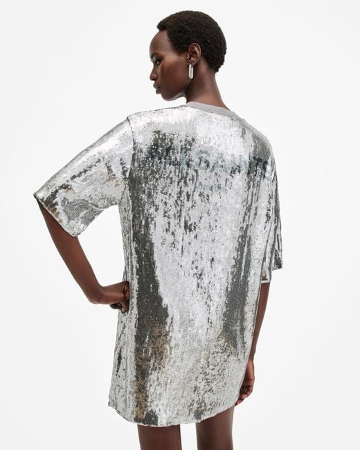 AllSaints Gray Opal Sequin T-Shirt Mini Logo Dress