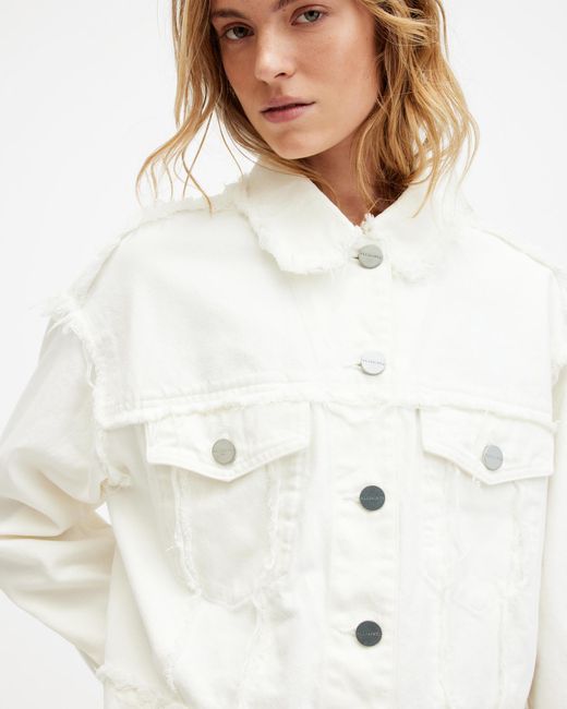 AllSaints White Claude Relaxed Fit Frayed Denim Jacket