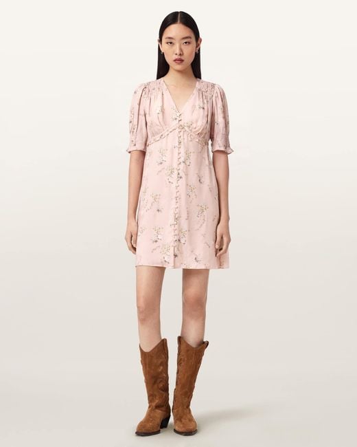AllSaints Pink Viscose Demi Floral Mini Dress, /Us 2