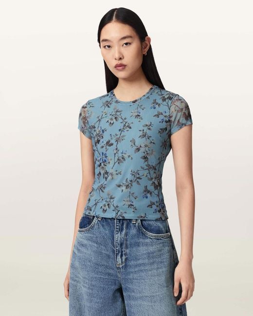 AllSaints Blue Polyamide/Polyester Ellie Slim Fit Mesh T-Shirt, /Us 2