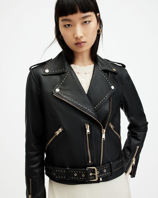 AllSaints Black Balfern Studded Leather Biker Jacket,