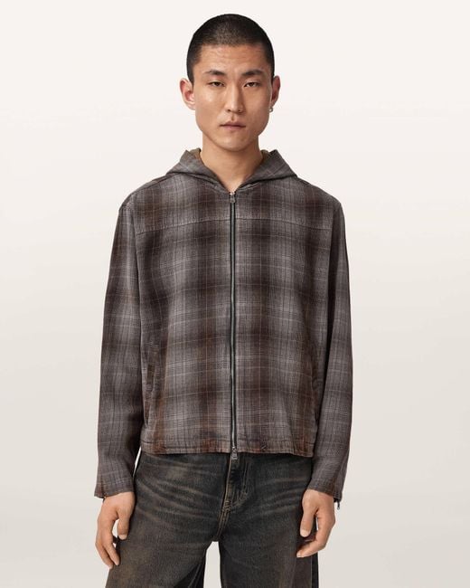 AllSaints Gray Santo Check Zip Up Hooded Shirt for men