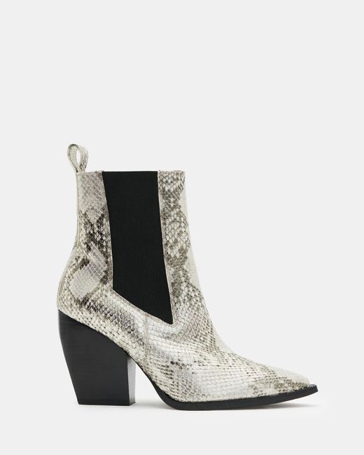 AllSaints White Ria Pointed Snake Leather Boots
