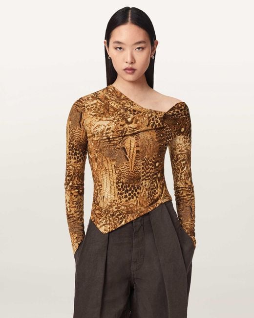 AllSaints Metallic Arlie Long Sleeve Off-The-Shoulder Top