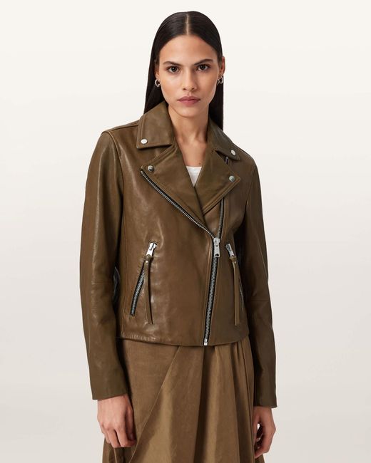 AllSaints Brown Dalby Slim Fit Leather Biker Jacket