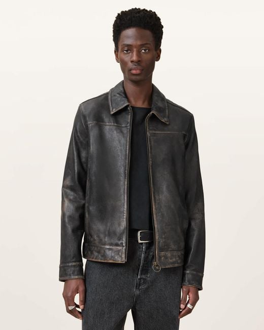 AllSaints Gray Alkan Zip Up Two Tone Leather Jacket for men