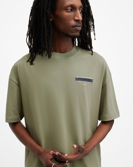 AllSaints Green Redact Oversized Embroidered Logo T-shirt, for men