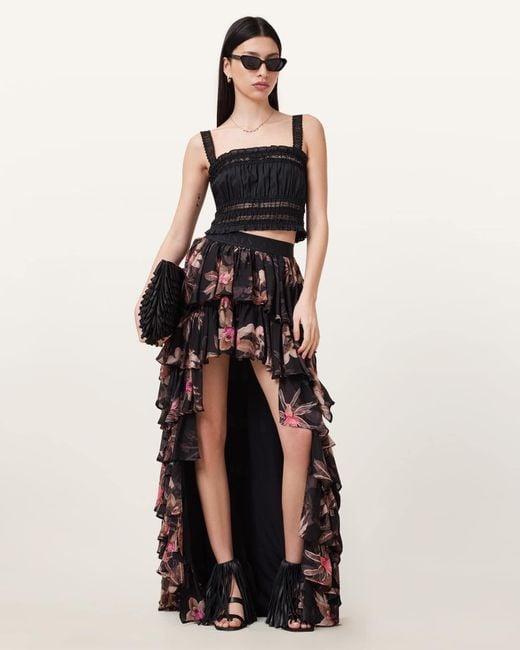 AllSaints Black Cavarly Floral Print Maxi Skirt