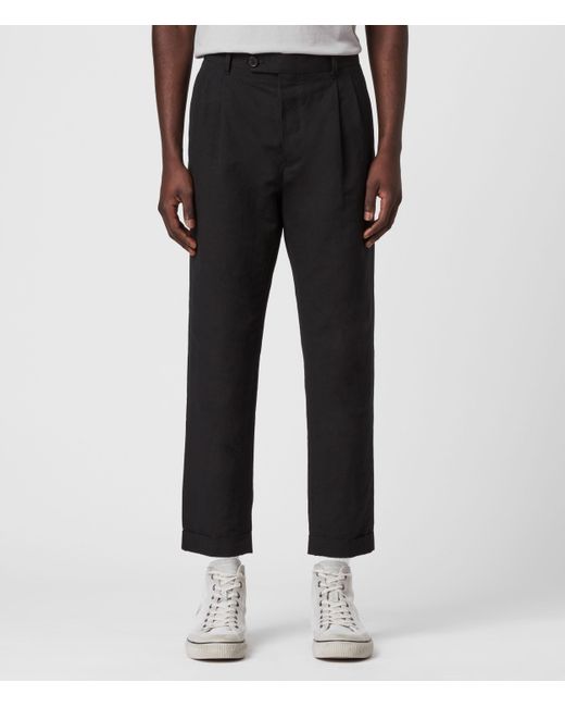 AllSaints Black Chiswell Linen Blend Cropped Slim Trousers for men