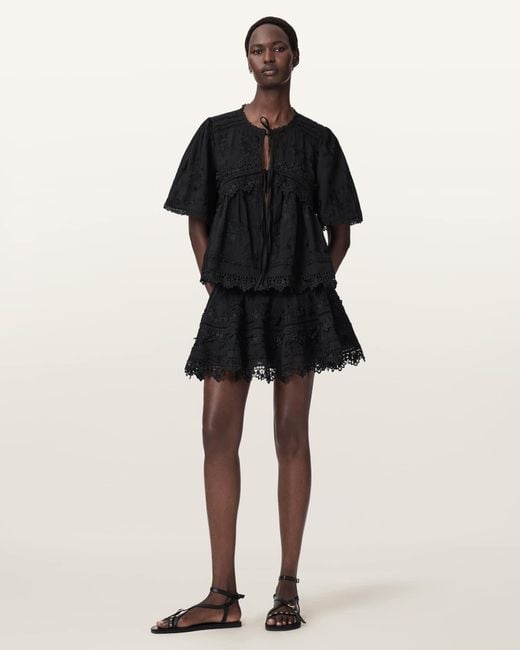 AllSaints Black Lillith Embroidered Mini Skirt