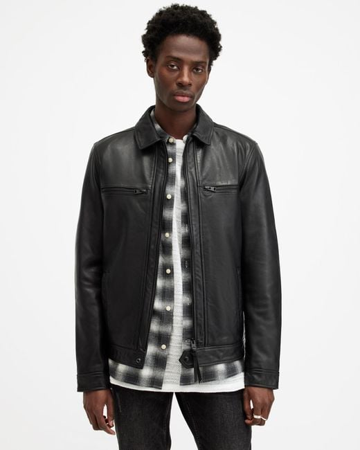 AllSaints Gray Luck Slim Front Zip Up Leather Jacket for men
