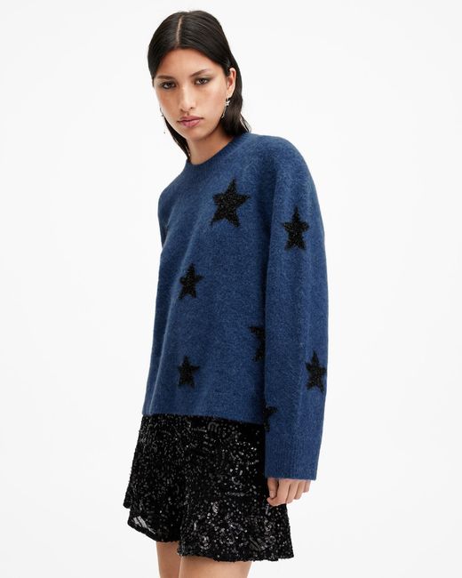 AllSaints Blue Brushed Star Jacquard Crew-Neck Jumper