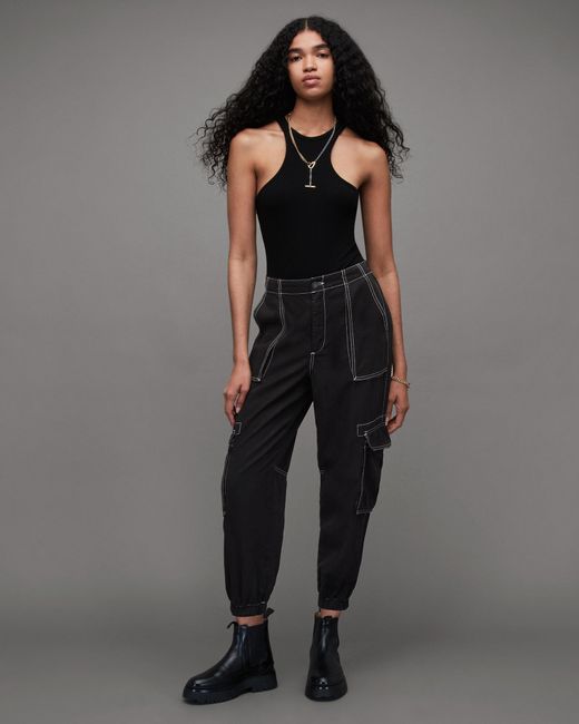 AllSaints Black Frieda Contrast Stitched Cargo Trousers,