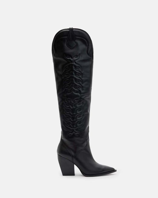 AllSaints Black Roxanne Knee High Western Leather Boots
