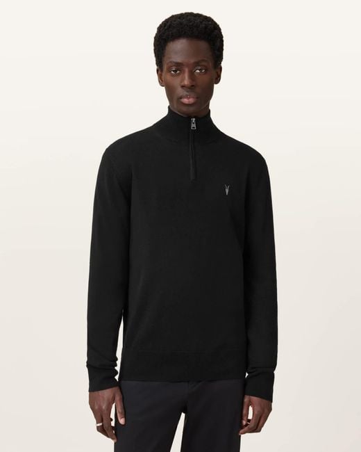 AllSaints Black Kilburn Zip Funnel Neck Ramskull Jumper for men