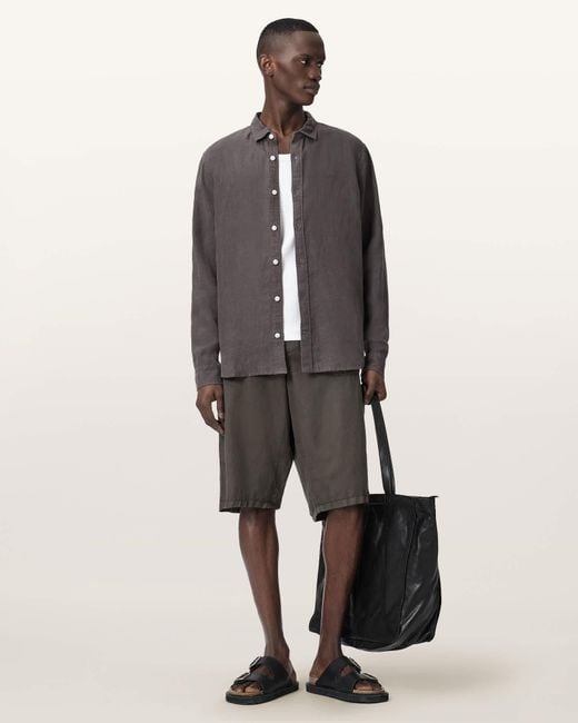 AllSaints Natural Loom Long Sleeve Linen Shirt for men