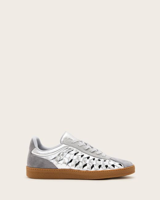 AllSaints White Velma Low Top Round Toe Woven Leather Trainers