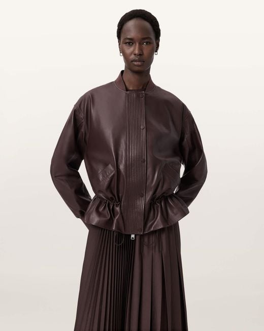 AllSaints Brown Sofi Drawstring Leather Bomber Jacket