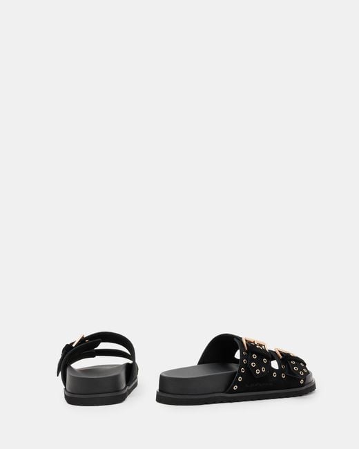 AllSaints Black Khai Two Strap Leather Eyelet Sandals