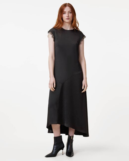 AllSaints Black Lyra Lace Trim Midi Dress