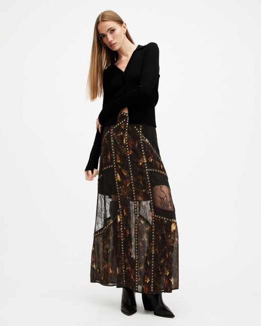 AllSaints Black Bryn Embellished Panelled Maxi Skirt,, Kateri