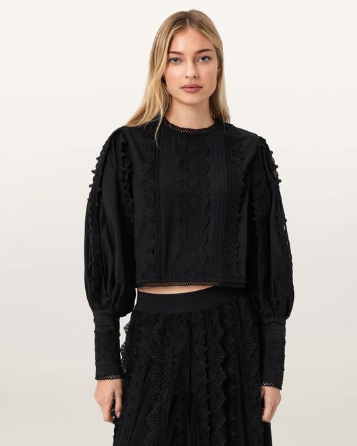 AllSaints Black Cotton Hart Lace Embroidered Top, /Us 2