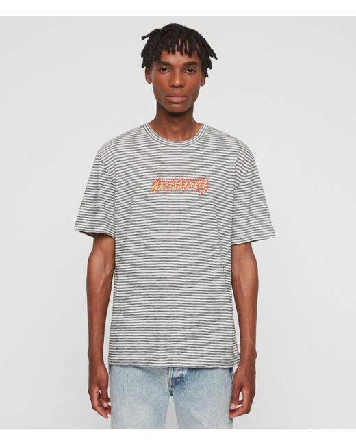 AllSaints Gray Men's Cotton Stripe Relaxed Fit Burner Crew T-shirt Grey And White Size: Xl for men