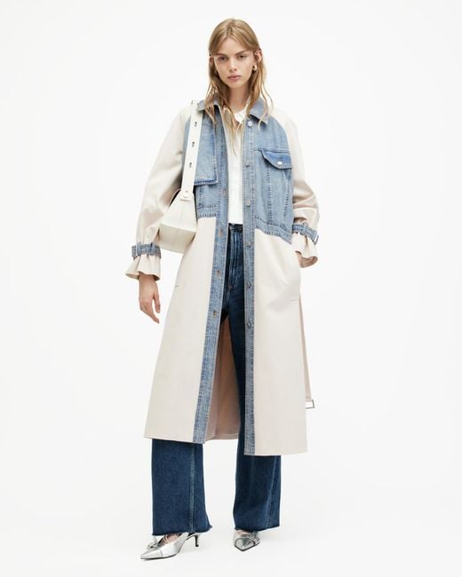 AllSaints Blue Dayly Denim Panelled Relaxed Trench Coat