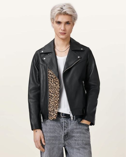 AllSaints Mick Leather Biker Jacket in Gray for Men | Lyst