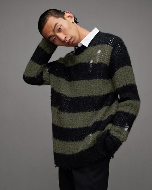 AllSaints Black Sid Oversized Striped Crew Neck Sweater for men