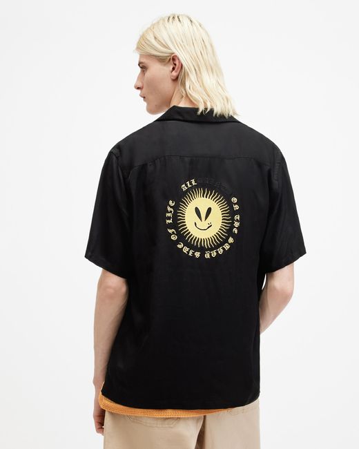 AllSaints Black Sunsmirk Embroidered Relaxed Fit Shirt, for men
