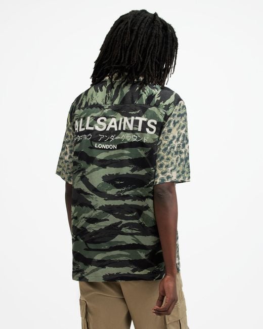 AllSaints Black Underground Camouflage Print Logo Shirt for men