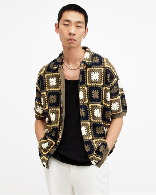 AllSaints Black Mandon Crochet Short Sleeve Cardigan, for men