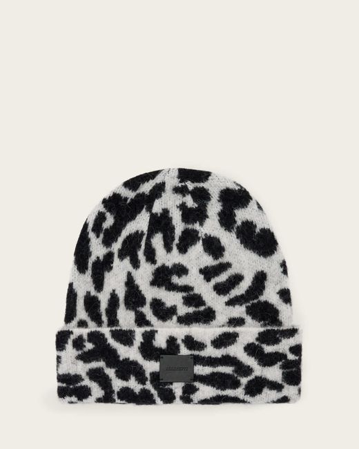 AllSaints Black Nora Leopard Print Beanie