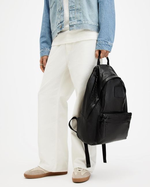AllSaints Black Carabiner Embossed Logo Leather Backpack for men