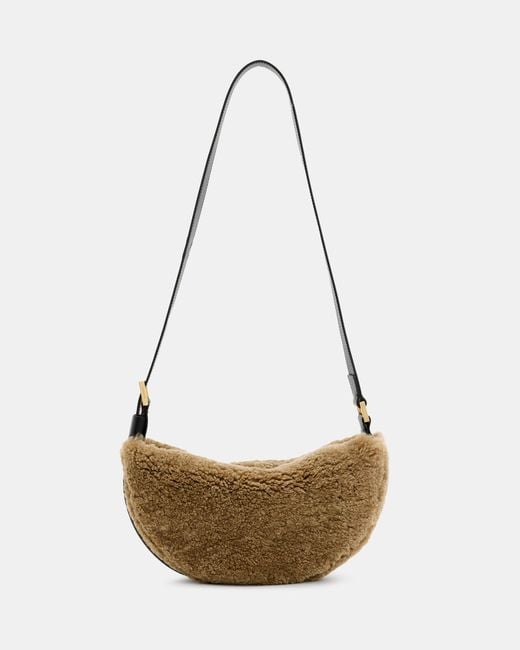 AllSaints White Half Moon Shearling Crossbody Bag,, Teddy