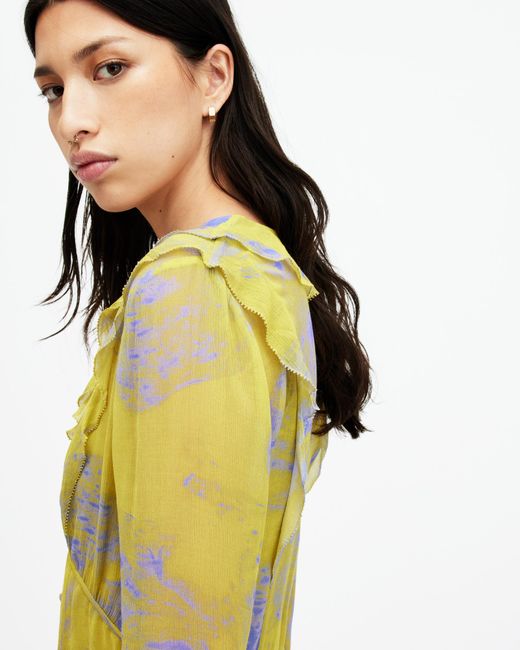 AllSaints Yellow Lini Inspiral V-neck Frill Mini Dress