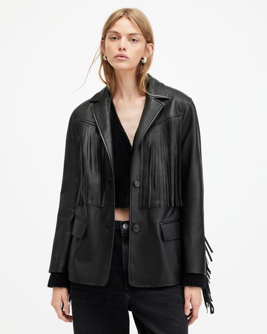 AllSaints Black Corinna Tassel Leather Blazer