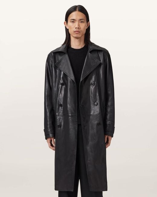 AllSaints Black Kellett Leather Trench Coat for men