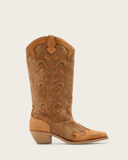 AllSaints Brown Leather Dolly Western Boots, Us 7/ Eu 37