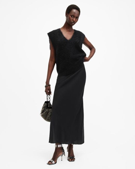 AllSaints Black Bias-Cut Maxi Slip Dress