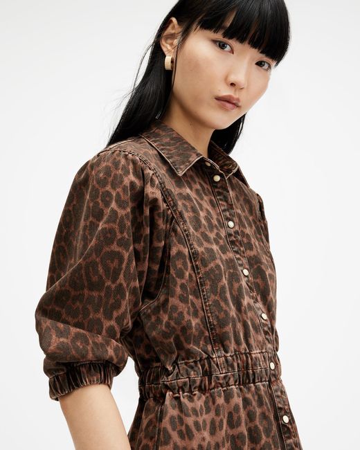 AllSaints Brown Osa Leopard-print Elasticated-waist Denim Midi Dress