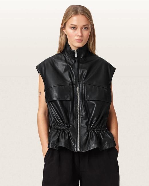 AllSaints Black Flor Relaxed Fit Leather Gilet