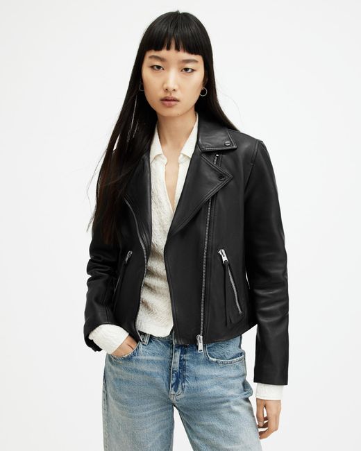 AllSaints Gray Dalby Slim Fit Leather Biker Jacket