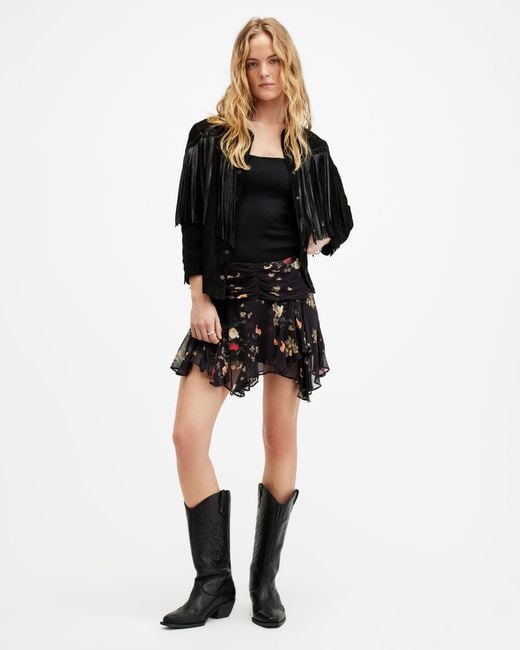 AllSaints Black Erica Kora Asymmetric Hem Mini Skirt,