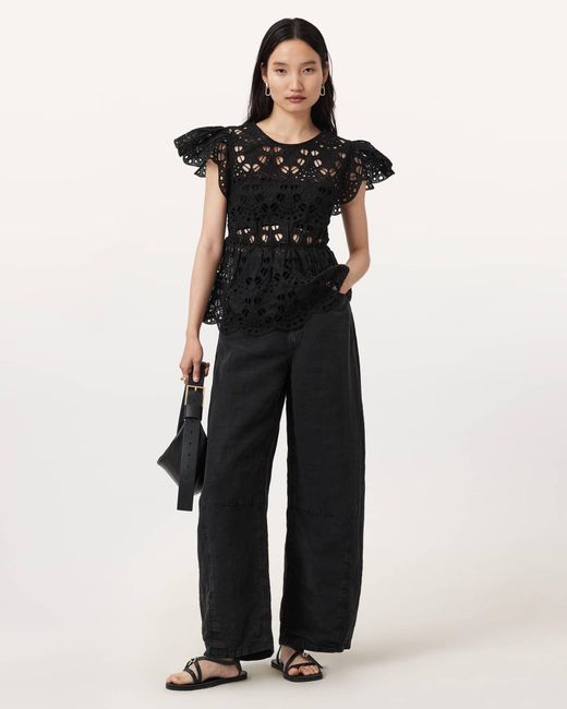 AllSaints Black Meadow Embroidered Short Sleeve Top